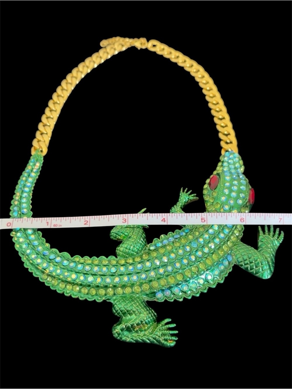Oversized Green Rhinestone Crocodile Alligator Statement Necklace on Gold Chain - Picture 5 of 5